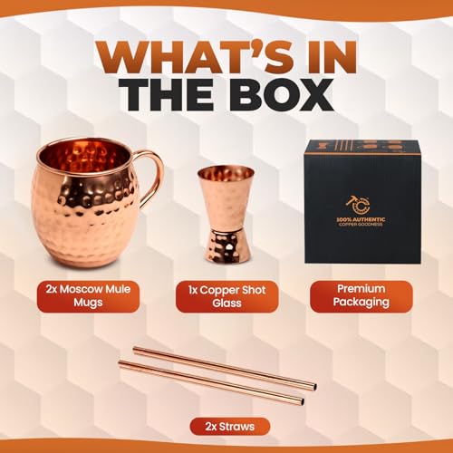Moscow Mule Cups Set of 2 | 100% Pure Food Safe 16oz Copper Cups with 2X Straws and 1x Jigger - Premium Handcrafted Moscow Mule Kit