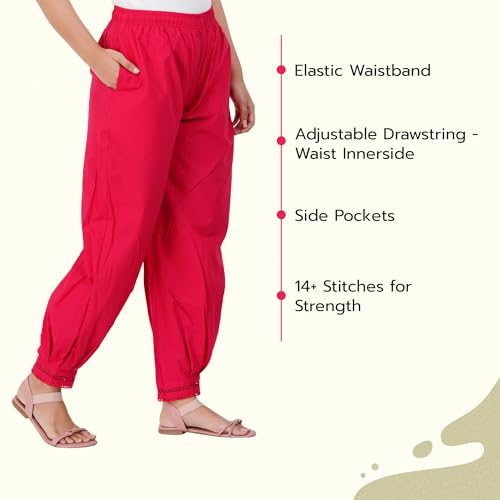 Image of Happy Bunny Women's Cotton Afghani Salwar with Lace Embroidery Detailing - Elastic Waist, Comfortable Loose Fit Bottoms for Casual, Ethnic