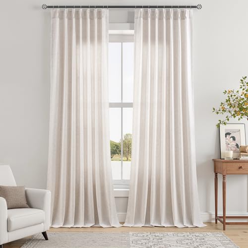 Cream Memory Trained Pinch Pleated Linen Curtains 90 Inch Long 2 Panels for Dining Room Semi Sheer Modern Aesthetic Drapes Light Filtering Window Treatments with Rod Pocket Back Tab for Bedroom 40x90
