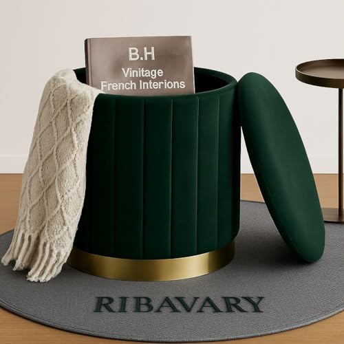 Image of Round Velvet Luxurious Storage Ottoman, Pouf with Storage Vanity Stool Chair,Upholstered Foot Rest Stool with Gold Strip Base for Living Room or Bedroom (Green, Medium- 36Dx36Wx40H)