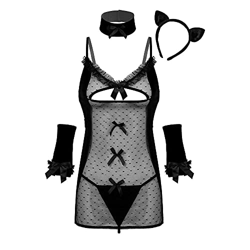 Ensemble de lingerie femme sexy comprenant une robe en maille noire, un g-string et des poignets.