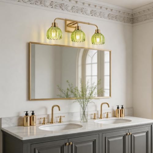 Image of Ralbay Vintage Bathroom Light Fixtures,Gold Bathroom Vanity Light,Matte Antique Brass Finish with Green Crystal Glass Shade,Wall Sconces Lighting for Bedroom,Living Room,Hallway(3-Light)