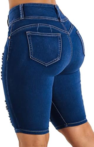 Moda Xpress Womens Juniors Butt Lift Ripped High Rise Blue Bermuda Shorts Size 13 11107H