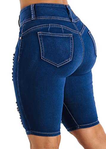 Moda Xpress Womens Juniors Butt Lift Ripped High Rise Blue Bermuda Shorts Size 13 11107H #TOP3