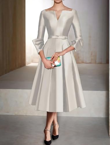 Satin Mother of The Bride Dresses for Women Tea Length Long Sleeve Wedding Guest Dress A Line Evening Gown3