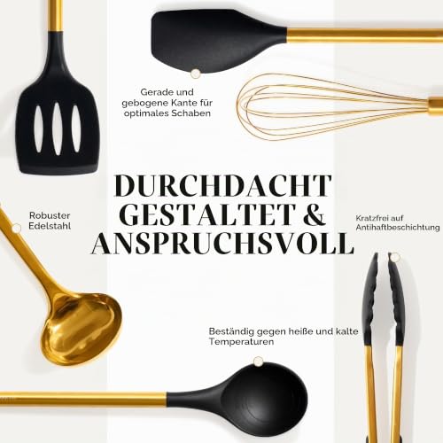 Schwarz-Goldenes Küchenutensilien-Set – 7-teiliges Silikon-Kochset mit goldenem Utensilienhalter… – Ansicht 6