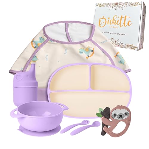 Bichette for baby coffret repas bebe (lavande) – assiette ventouse bebe, bol bebe 1er age, couvert bebe, bavoir bebe, set repas bébé 8 pieces, vaisselle bebe silicone sans BPA