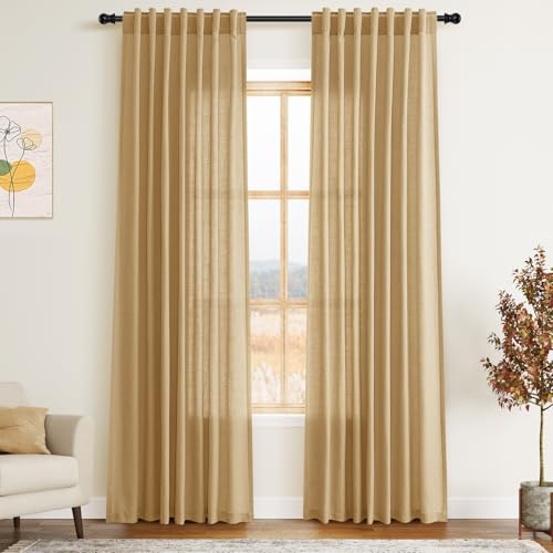 Image of Gold Yellow Linen Curtains 84 Inch Length 2 Panels Set for Living Room Rod Pocket Back Tab Light Filtering Window Drapes for Bedroom Dining Room Protect Privacy Country Farmhouse Decor 52x84