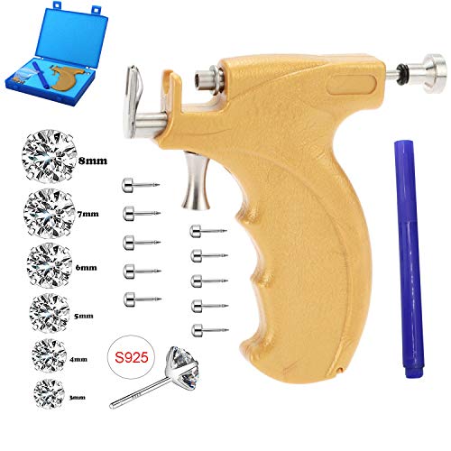 Reusable Ear Piercing Gun Kit, Professional Body Nose Lip Earrings Piercing Kit with 16 Pairs Stud Earrings (6 Pairs Sterling Silver Stud Earrings+10 Pairs Gun Stud Earrings)