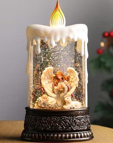 Lffital Angel Christmas Snow Globe Lantern, Nativity Lighted Christmas Decorations for Home Candle Shaped Snow Lantern with Music Timer Glittering, Home Decor Festival Gife, USB & Battery Operated