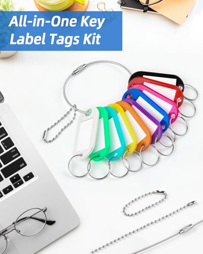 Caianwin 50 Stück Schlüsselanhänger Beschriftbar Set, 10 Farben Schlüsselanhänger mit Beschreibbaren Etiketten, 10 Kugelketten und 5 Schlüsselring Drahtseil