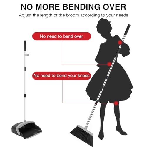 Image of NACENA Broom and Dustpan Set with 52-in Long Adjustable Handle, Black Grey