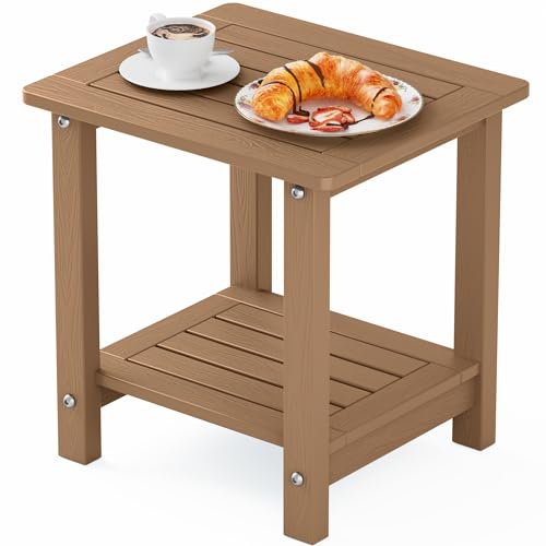 YEFU Outdoor Side Table for Patio, Weather Resistant HIPS, 2-Tier, Teak