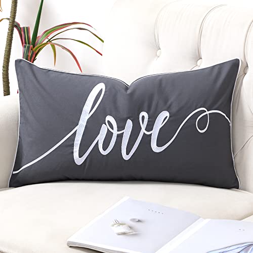Sanmetex Decorative Throw Pillow Covers 12X20 Inches, Embroidery Love Decro Soft Cotton Lumbar Pillowcase, Dark Gray Rectangular Pillow Cover For Bed, Bedroom, Pack Of 1. #TOP6