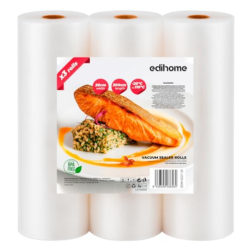 Edihome, Bolsas Vacio Alimentos, 28x300cm, 3 Rollos, Bolsas para Envasadora al Vacio, Conservación, Rollos Envasado al Vacio, BPA Free, Sous Vide (3 Rollos 28x300cm)