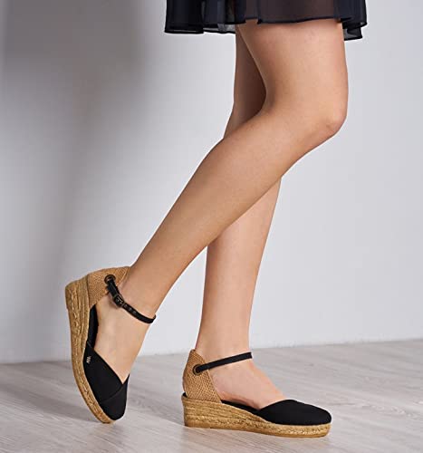 Image of Viscata Pubol Espadrille Canvas Low Wedges with Ankle Strap Spain Handmade 2 inch Heel Women's Sandals with Breathable Organic Cotton Canvas and 100% Natural Jute for all Occasions: Casual, Work, Party