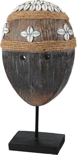 Muddy Hands Round Wooden Tribal Mask with Cowrie Shell Accents, Rustic Ethnic Wall & Tabletop Decor on Stand