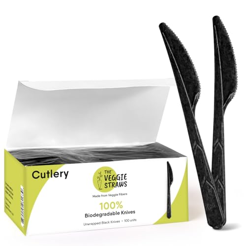 Premium Quality 100% Biodegradable Black Knives Made of Vegetable Fibers, 100 PCS of 6.7” Long Heavy-Duty and Splinter Free Eco-Friendly Black Knives, Sustainable Cutlery for All Types of Occasions