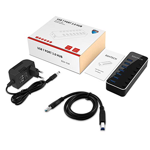 RSHTECH USB Hub 3.0 met 10 W (5V / 2A) Voeding, Aluminium 7-Poorts USB 3.0 Hub, USB 3.0-Poorts Verdeler voor Opladen en Gegevensoverdracht, met LED-Indicator en Individuele Schakelaar (RSH-518-2) - Afbeelding 8