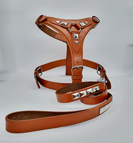 Arnés de piel auténtica resistente para perros grandes, chapado en cromo para perros grandes, de 29 a 35 pulgadas, pecho con correa de perro, color marrón Cover