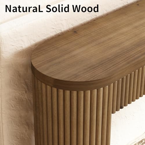 Image of Solid Wood Console Table with Drawer - 55 Inches Mid Century Foyer Table, Modern Fluted Entryway Hallway Minimalist Sofa Table, Oval with Drawer