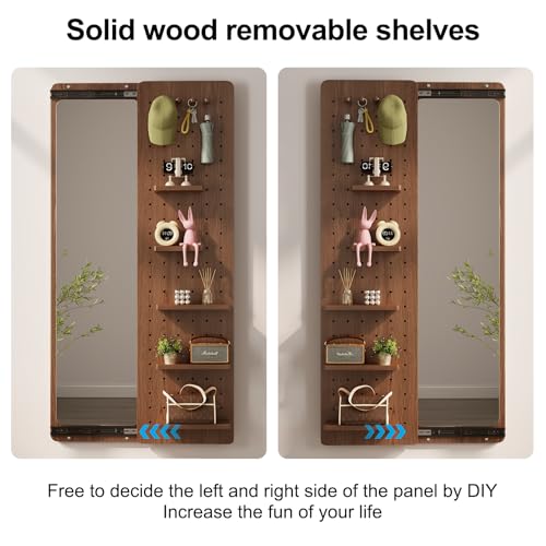 Image of KungFuWood Full Length Mirror with Shelf and Hooks,Entry Way Mirrors for Wall,Wall Mirror with Shelf,Wall Mirror with Storage Multifunctional Design Panel,Living Room (Walnut, 63 inch L x 18 inch W)