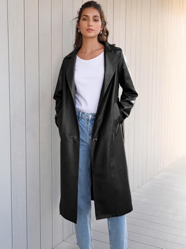 Trendy Queen Womens Long Leather Jackets Trench Coat Blazer Lapel Faux Open Front with Belt - Image 3