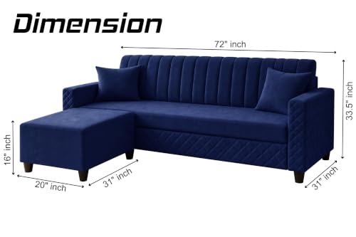 Image of 3 Seater Velvet Sofa with Ottoman | Modern Upholstered Couch | Quilted Design | Soft Comfortable Seating | Sturdy Wooden Frame | Living Room, Office - Blue