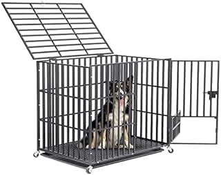 BingoPaw Heavy Duty Dog Crate: 38 inch Wheeled Large Pet Cage with Tear Resistant Square Tube - Metal Military Puppy Cages with 2 Prevent Escape Lock and Tray L Size (95x57x81cm)