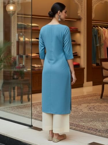 Image of Saanjh Women's Fit Straight Cotton Blend Long Kurta, 3 /4 Sleeve, Knee Length Kurtis, Casual and Office Wear