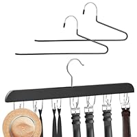 Belt Hanger, 360° Rotatable Wooden Belt Organiser, Tie Holder with 14 Hooks, Wardrobe Accessories for Belts, Tank Tops, Scarves, Bras, Bags, Comes with 2 Z-shaped Trouser Hangers, Black
