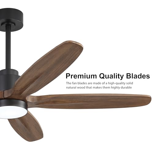 Image of WINGBO 54 inch Ceiling Fan with Light - 5 Carved Solid Wood Blades, 6-Speed Reversible DC Motor, Dimmable, 3CCT, Noiseless Remote Control Ceiling Fans with Lights for Bedroom Living Room, Black and Wood