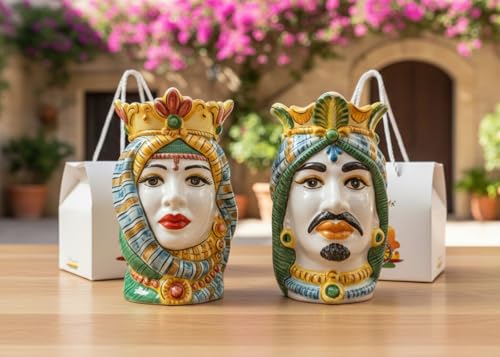 ILAB Coppia teste di moro uomo e donna arabi colorati in ceramica nicarè con astuccio decorati a mano da ceramisti siciliani art. 809,808
