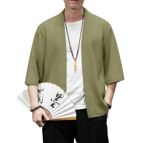 Image of PRIJOUHE Men's Kimono Jackets Cardigan Lightweight Casual Cotton Blends Linen Seven Sleeves Open Front Coat Outwear