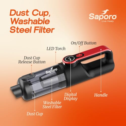 Image of SAPORO Neo Portable Car & Home Vacuum Cleaner, 15kPa Powerful Suction, BLDC Brushless Motor, 6000mAh Rechargeable Battery, Dual HEPA Filter, 4-in-1 Vacuum & Air Blower, 7 Attachments with Storage Bag