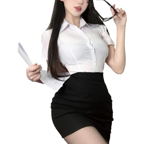 Chemise blanche femme et mini jupe uniforme OL pour cosplay de fête