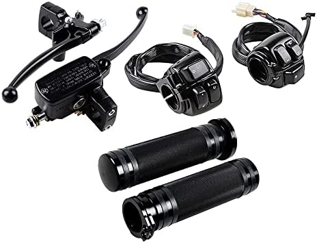 Motorcycle Horn Switch Control + Brake Master Cylinder Clutch Levers + CNC 1" Handlebar Hand Grips Compatible with 1996-2012 Harley Softail Dyna Sportster (Black)