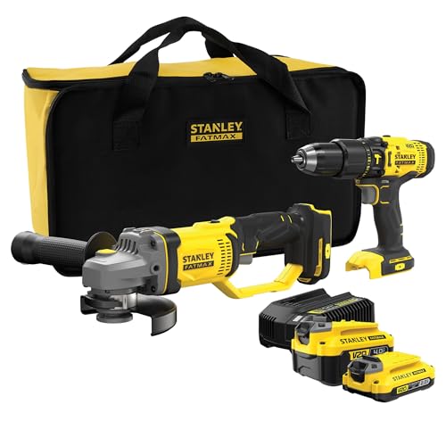 STANLEY FATMAX V20 | 18V 2 Piece Combo Kit 2.0/4.0Ah - Hammer Drill, (Up to 25,000BPM, 1,500 RPM, 50Nm), Angle Grinder (9000RPM), 2 Batteries (2.0&4.0Ah), Charger, Soft Bag