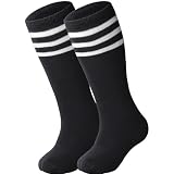 DRESHOW BQUBO Kids Toddler Soccer Socks Cheerleader Socks Striped Knee High Cotton Uniform Black/White Soccer Socks Youth Sports Boys Athletic Socks Long Tube Socks for Boys Girls Child 3-6 Years