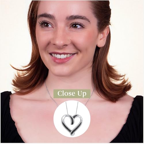GILDED Sterling Silver Necklace with Natural Round-Cut Black Diamond and Heart Shaped Pendant, 18-inch White Silver Chain, 1/4 Carat Total Weight Diamonds, Elegant Gift Box Included3