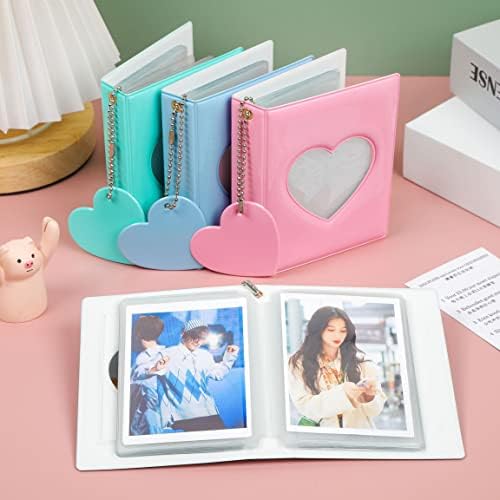 MYBOO 3 Inch Kpop Photocard Holder Book Mini Photo Album Mirror-like Photocard Binder Small Photo Card Book Love Heart Hollow Photocard ID Holder with Love Heart Pendant 32 Pockets (White)