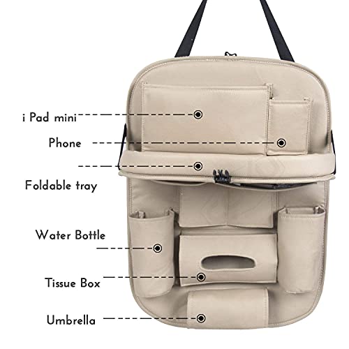 Image of Premium Car Backseat Organizer with Foldable Tray | Multi-Pocket Storage for Tablets, Phones, Bottles & Travel Essentials Seat Back Organizer (Beige)