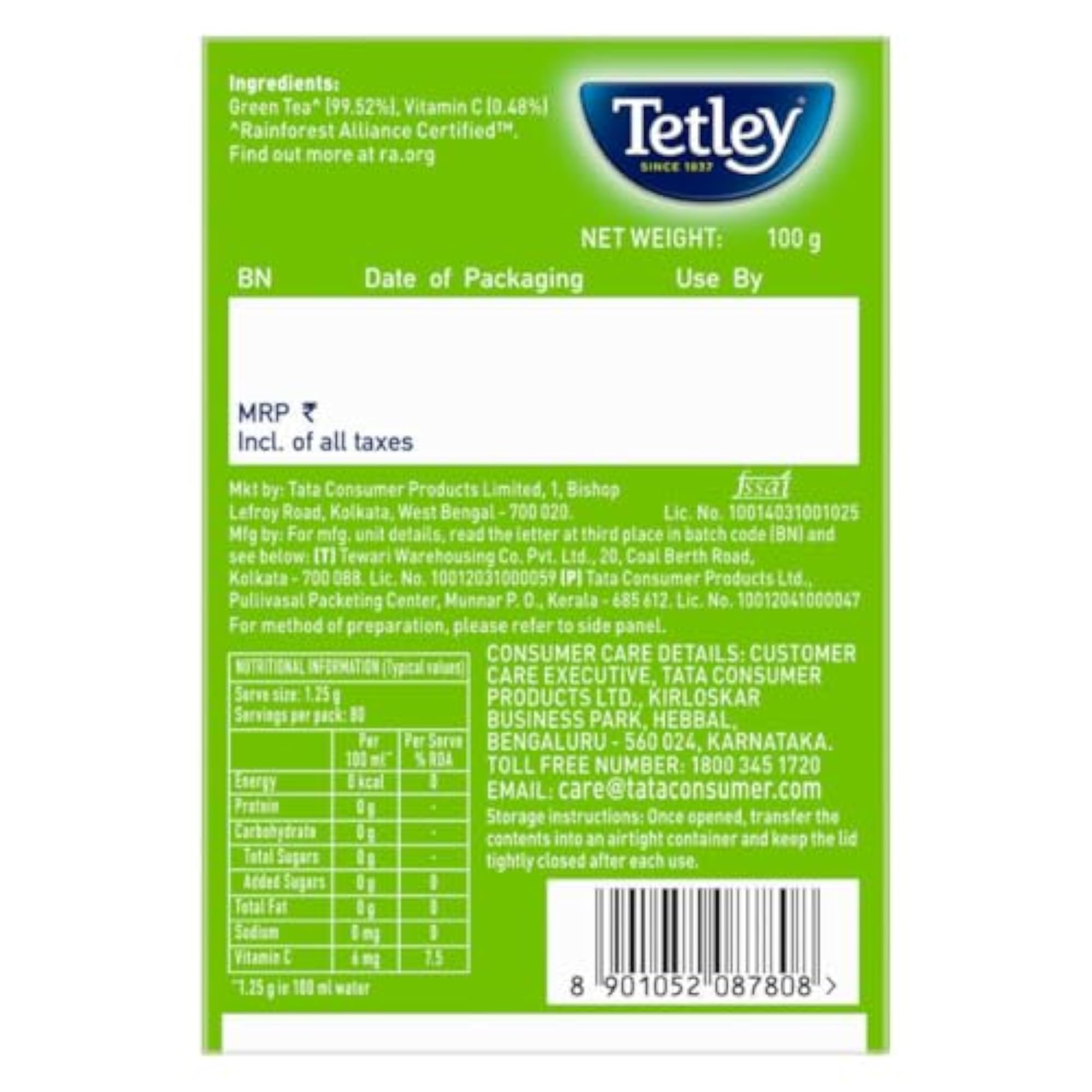 Tetley Long Leaf Green Tea, 100 Grams