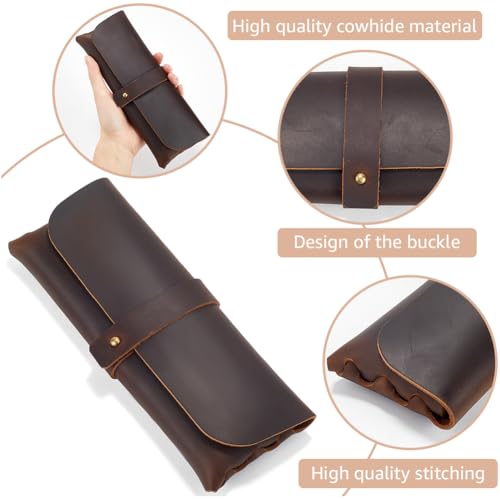 Image of GORGECRAFT Coffee Crazy Horse Leather Pen Case Retro Genuine Leather Snap Cover Pencil Cases Large Capacity Pencil Pouch Organizer Stationery Bag for Pen Pencils Men Women Glasses Sunglasses Artists