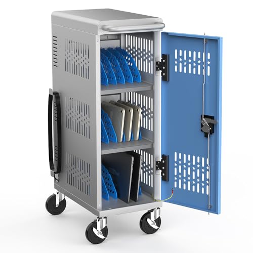 Image of Fully Assembled 18 Bay Laptop Charging Cart on Wheels, Heavy Duty Laptop Storage Cart for iPad Chromebook Tablet Up to 14-inch Screen with Key Lock, Charger & Cable Organization, Grey