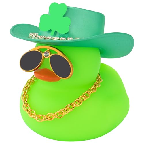 wonuu St. Patrick's Day Car Rubber Duck, Dashboard Decorations Green Shamrocks Hat Ducky for Car Ornament Accessories Ducks (Diamond Hat Gold Chain Green Duck)