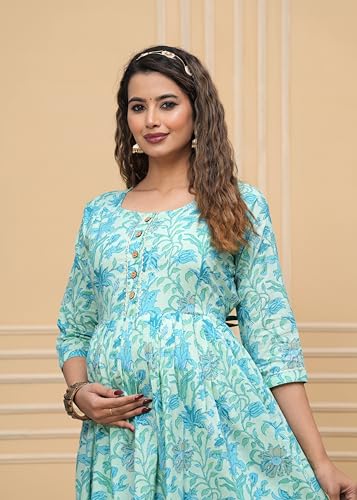 Image of Women's Feeding Kurta Cotton | Floral Anarkali Pregnancy Kurta with Nursing Zipper | Pre & Post Partum | Maternity Dresses | Mom to Be Gift