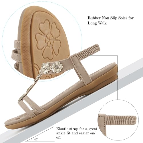 Image of HARENCE Summer Flat Sandals for Women: Comfortable Bohemian Beaded Flats Shoes Elastic Ankle Strap Casual Walking Slip On Dress Sandal