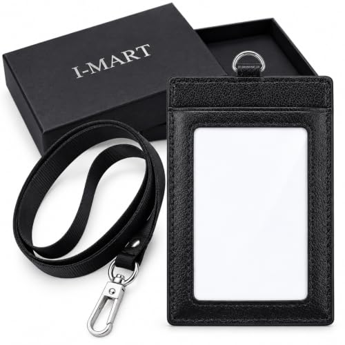 I-MART Genuine Leather Badge Holder with Lanyard – Vertical ID Badge Holder for Nurse, Office, Teacher | Cowhide, 3 Card Slots, Black, Gift Box