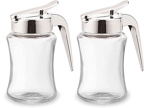 J&M DESIGN 2-Pack Glass Syrup Dispenser Bottle for Maple Syrup, Honey Pot or Sugar Jar W/Handle Shaker For Pancakes, Coffee, Cereal Bowl, Tea Pour Spout Lid Easy Spoon Measure 7.5oz Container Holder